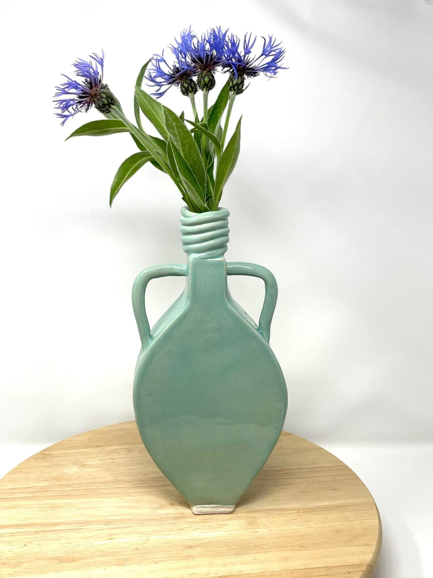 Slab-Built White Clay Vase, Light Green Translucent Glaze — top view