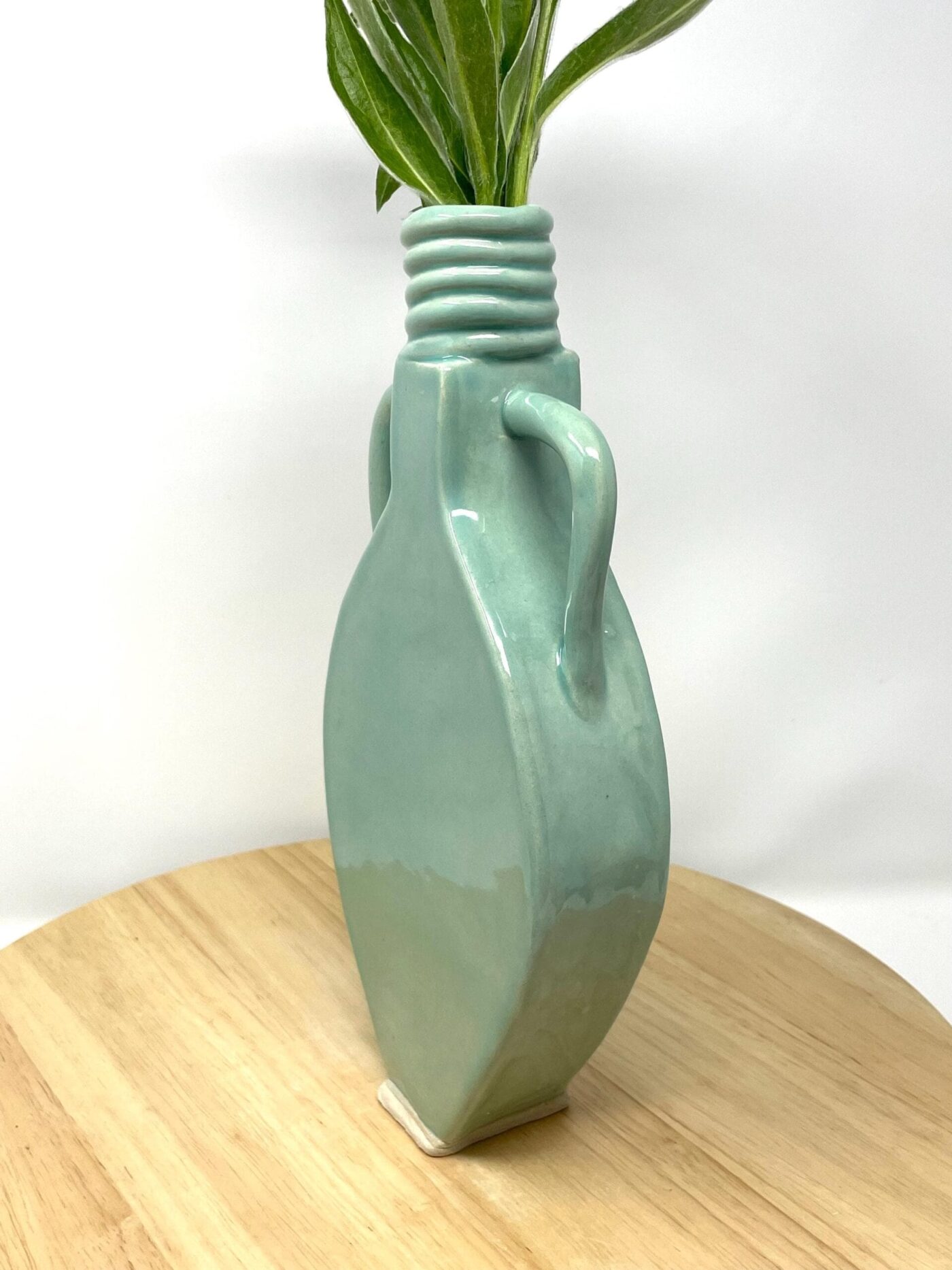 Slab-Built White Clay Vase, Light Green Translucent Glaze — scale view