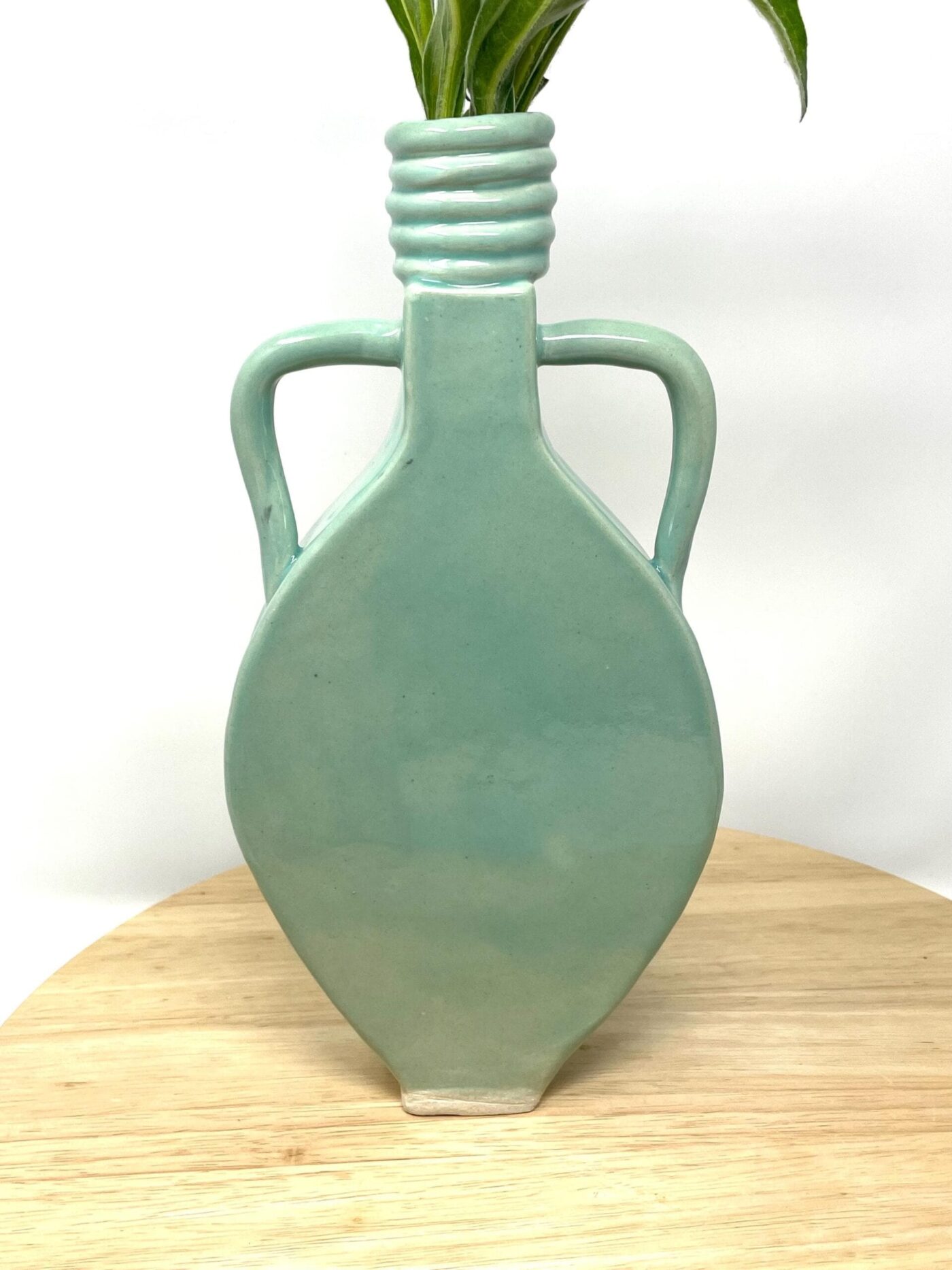 Slab-Built White Clay Vase, Light Green Translucent Glaze — detail view