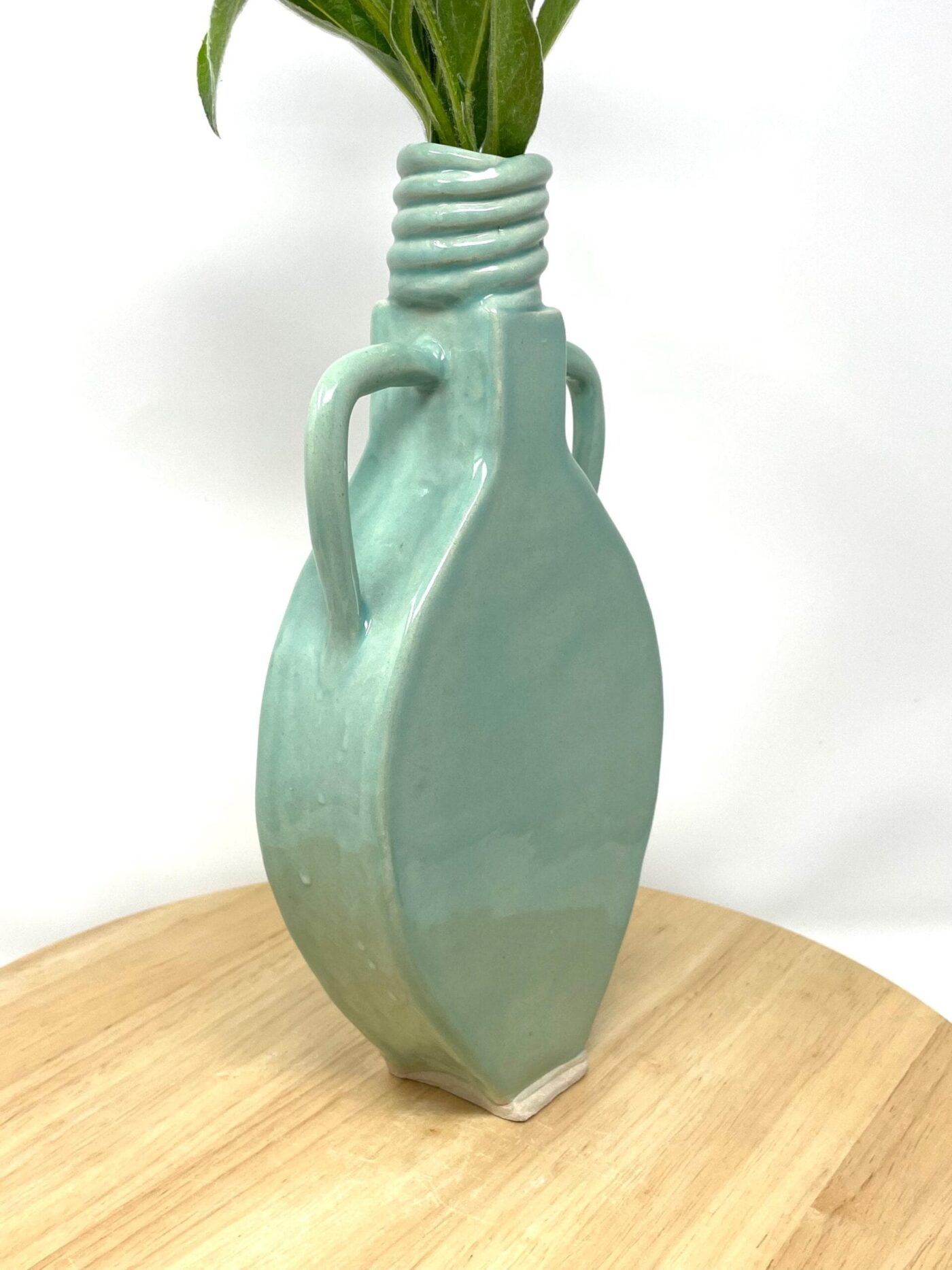 Slab-Built White Clay Vase, Light Green Translucent Glaze — styling detail