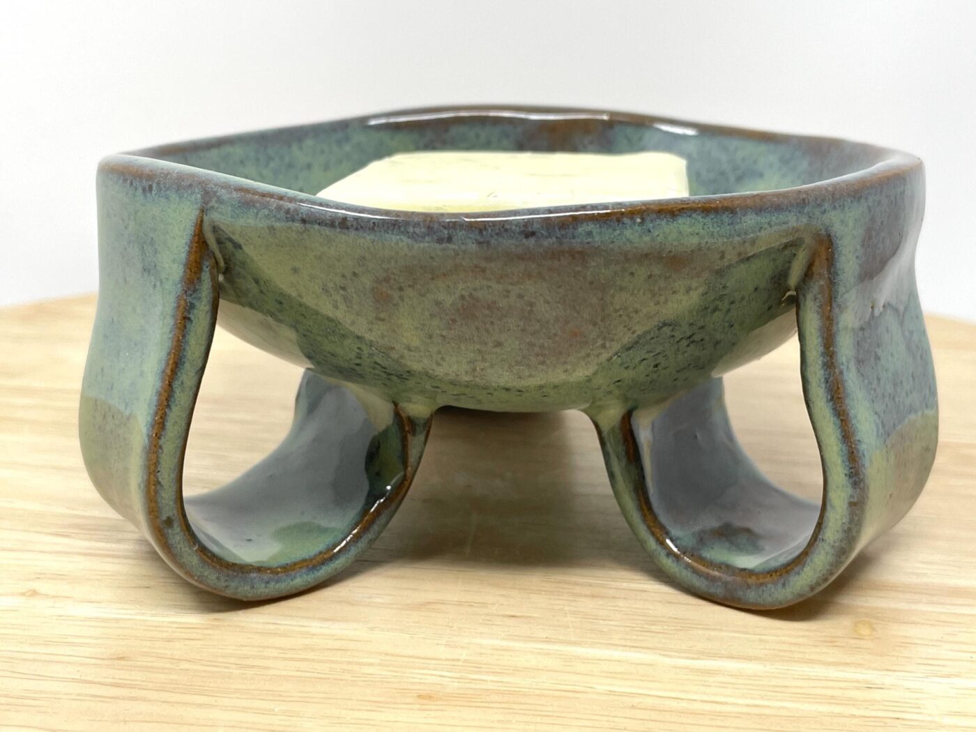 Green-Blue Glazed Ceramic Soap Dish, Brown Clay — close-up