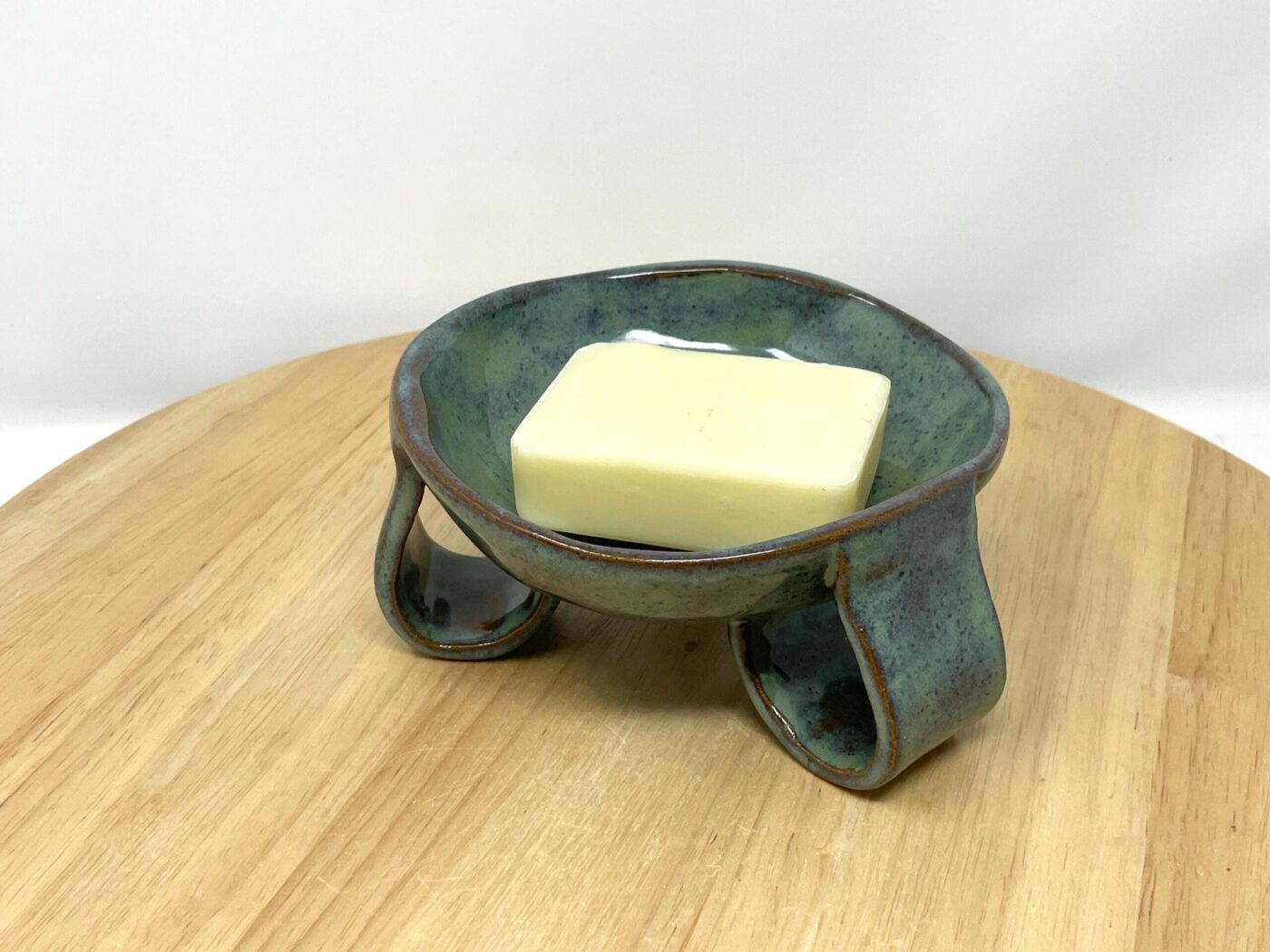 Green-Blue Glazed Ceramic Soap Dish, Brown Clay — top view