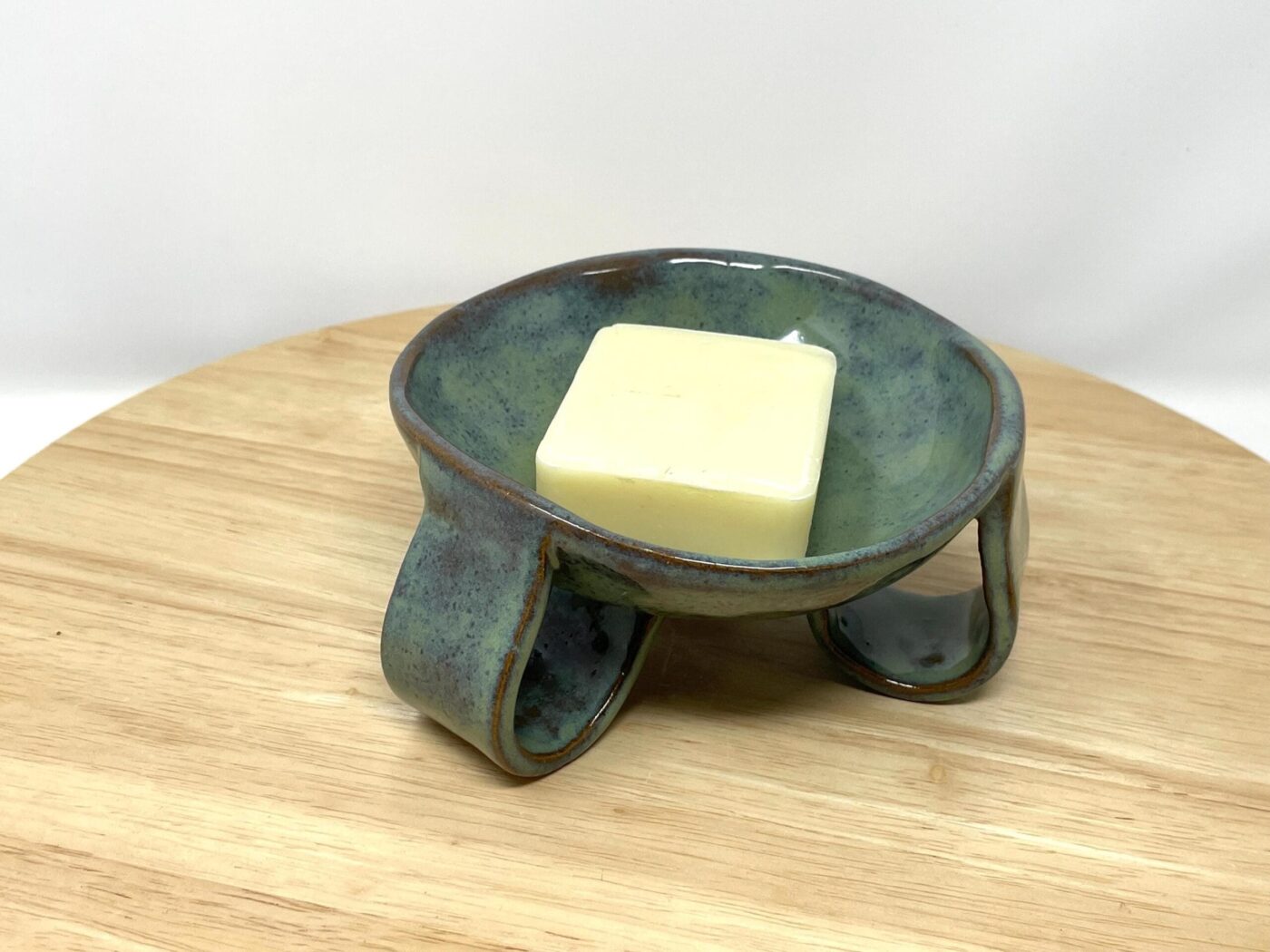 Green-Blue Glazed Ceramic Soap Dish, Brown Clay — alternate angle