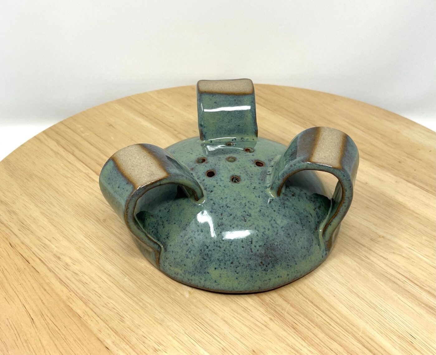 Green-Blue Glazed Ceramic Soap Dish, Brown Clay — side view
