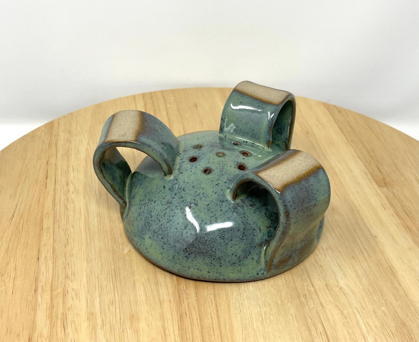 Green-Blue Glazed Ceramic Soap Dish, Brown Clay — back view