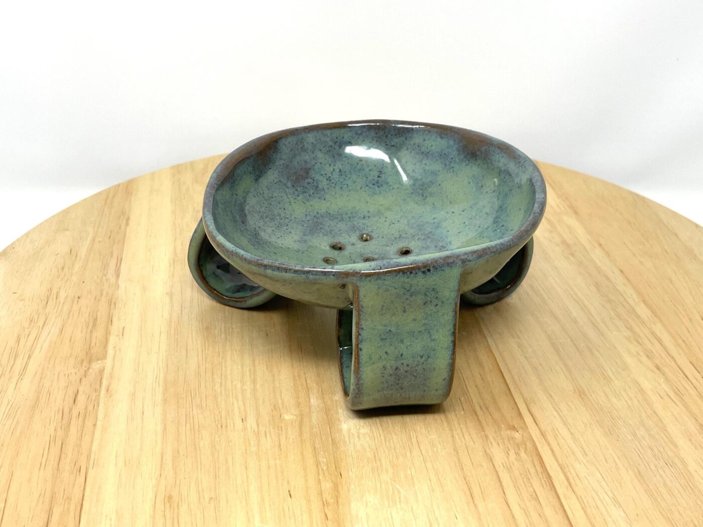 Green-Blue Glazed Ceramic Soap Dish, Brown Clay — detail view