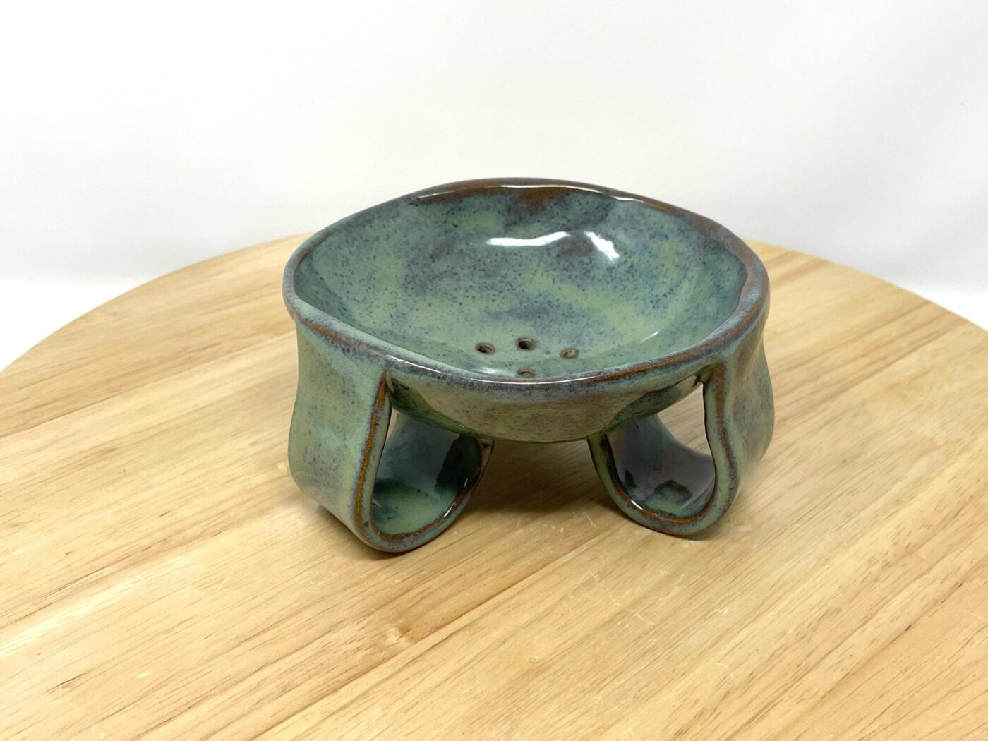Green-Blue Glazed Ceramic Soap Dish, Brown Clay — in use