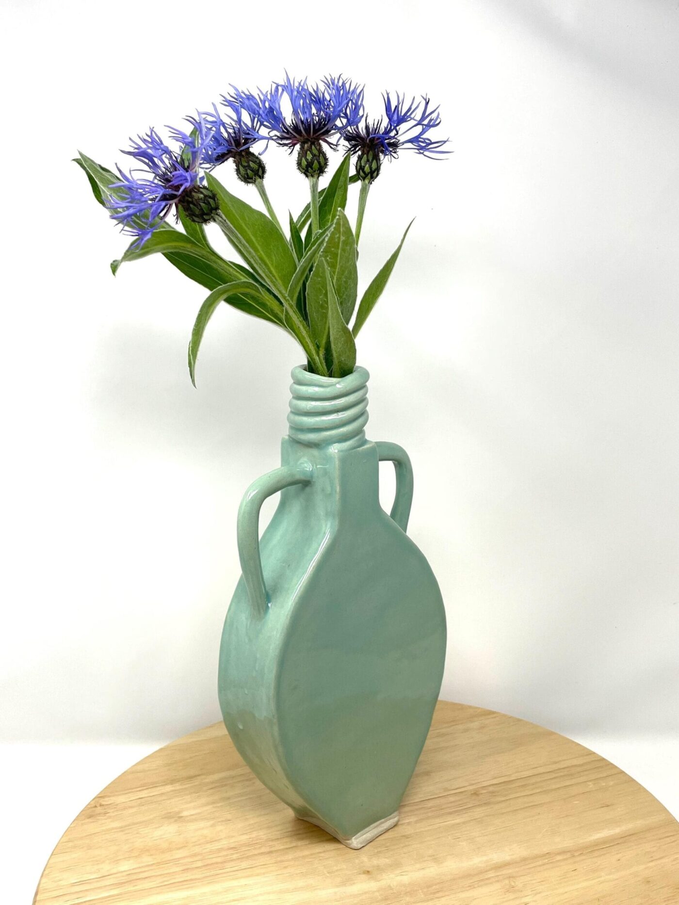 Slab-Built White Clay Vase, Light Green Translucent Glaze — close-up