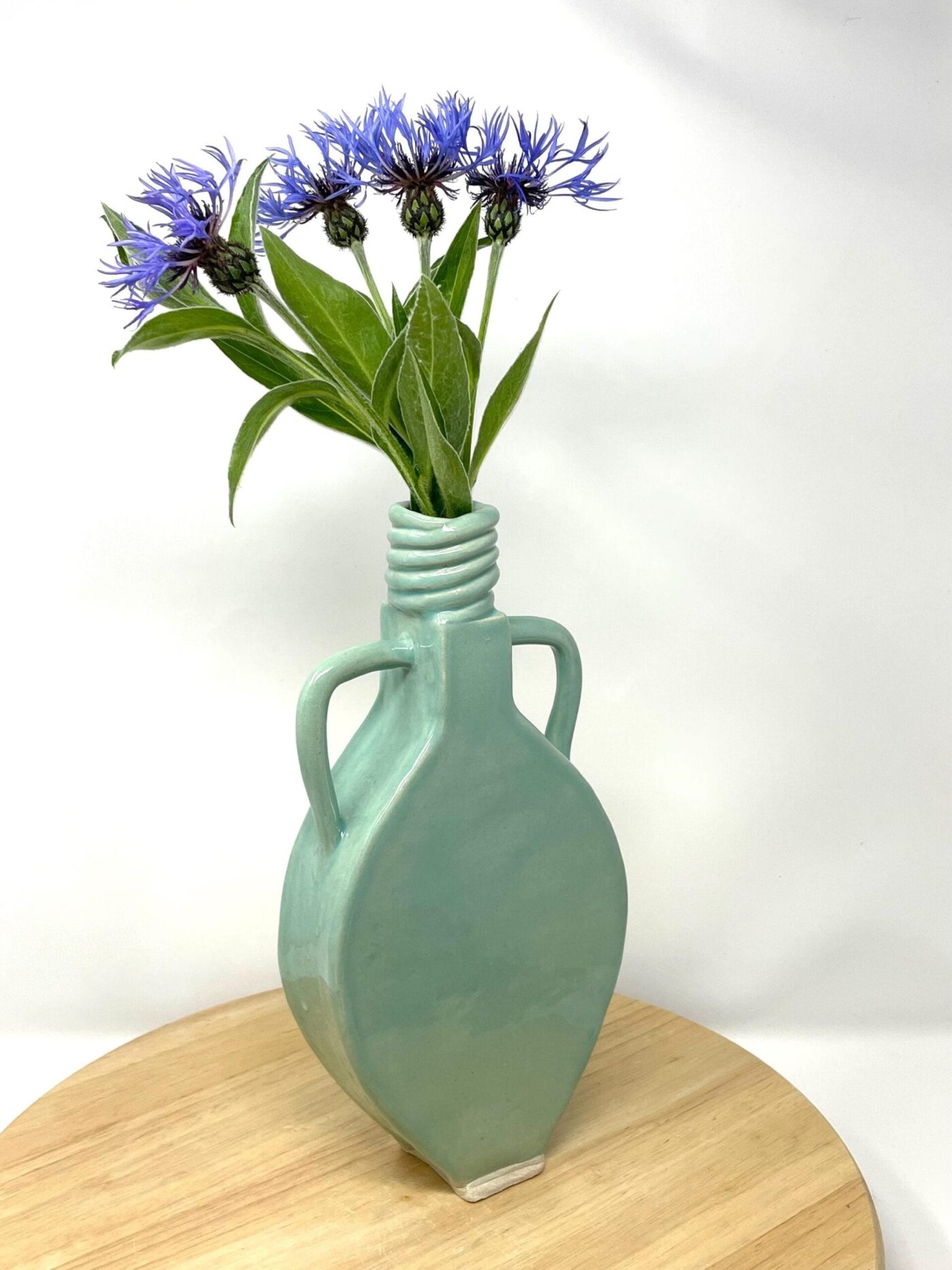 Slab-Built White Clay Vase, Light Green Translucent Glaze — side view