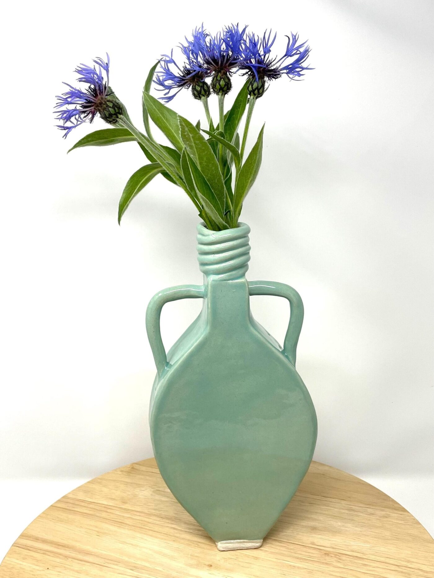 Slab-Built White Clay Vase, Light Green Translucent Glaze — alternate angle