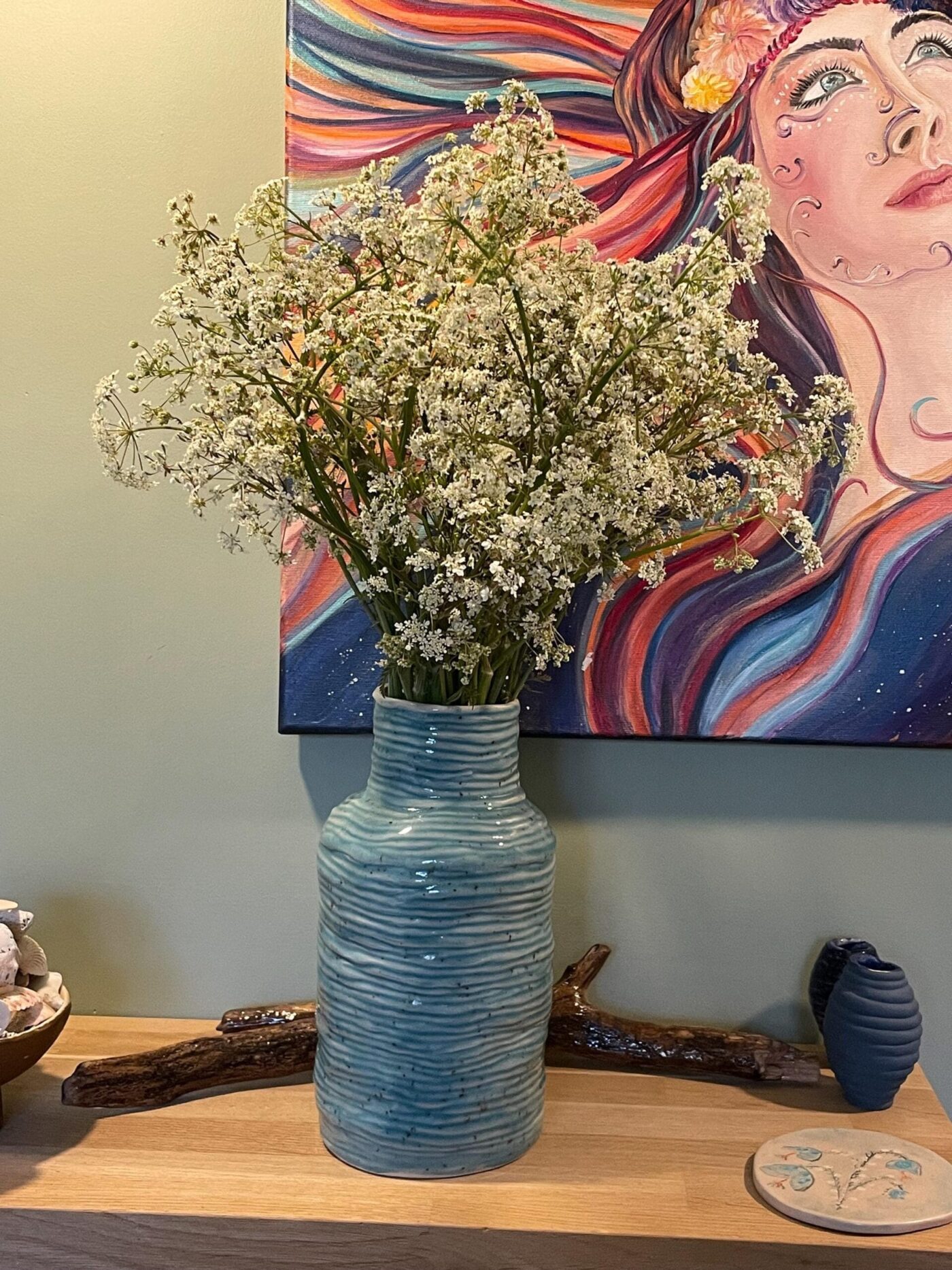 Speckled Turquoise Coiled Vase, Tall (22.5cm) — styling detail