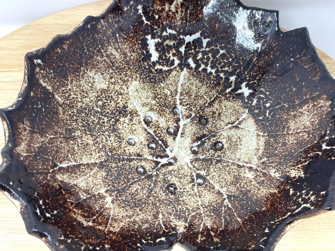 Pressed Leaf Soap Dish (White & Brown) — back view