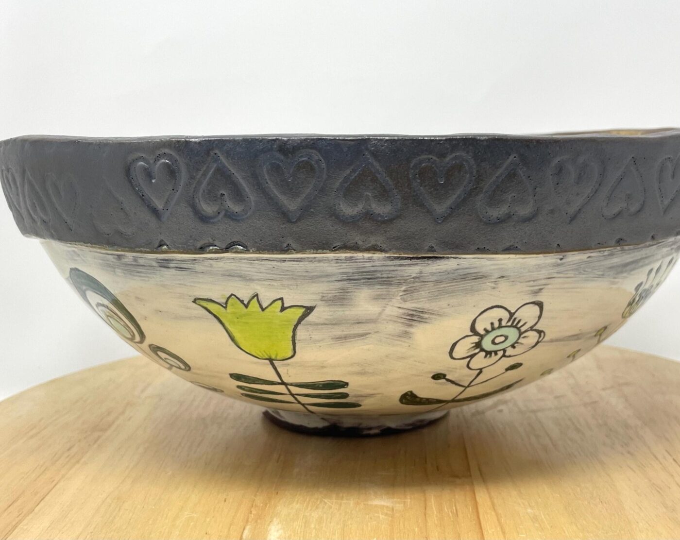 Botanical Bowl — Reactive Blue & Painted Florals — detail view
