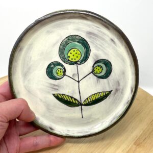 Artisanal Botanical Small Plate - Handcrafted Ceramic Dish with Folk-Inspired Green Floral Design