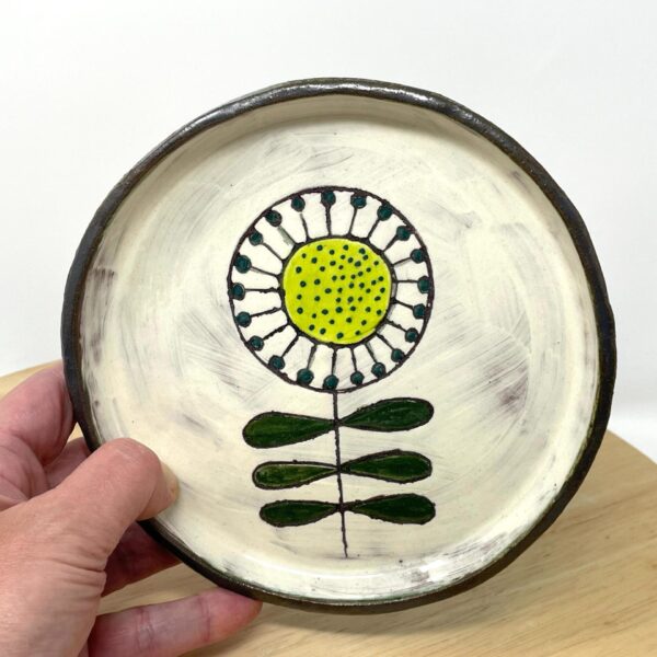 Folk art sunflower ceramic plate — handmade terracotta — Fabode Ceramics Scotland