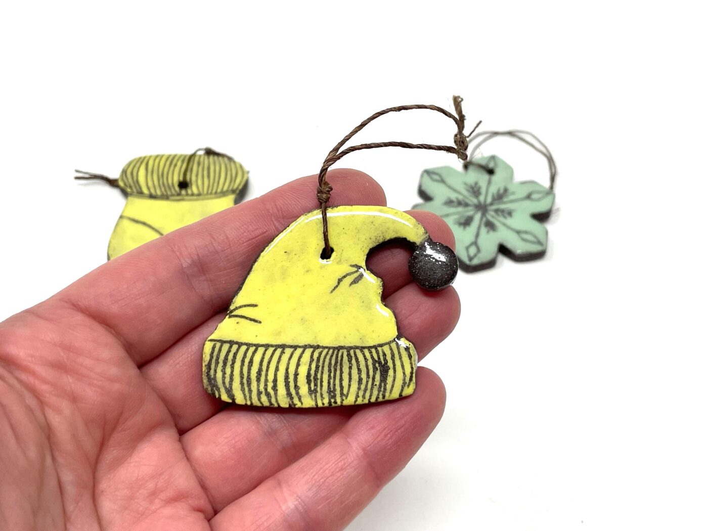 Handmade Rustic Terracotta Christmas Ornaments - Yellow Sock, Yellow Hat, Green Snowflake, Scratched Design Set (5 of 8) -- Fabode Ceramics