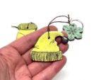Handmade Rustic Terracotta Christmas Ornaments - Yellow Sock, Yellow Hat, Green Snowflake, Scratched Design Set (5 of 8) -- Fabode Ceramics