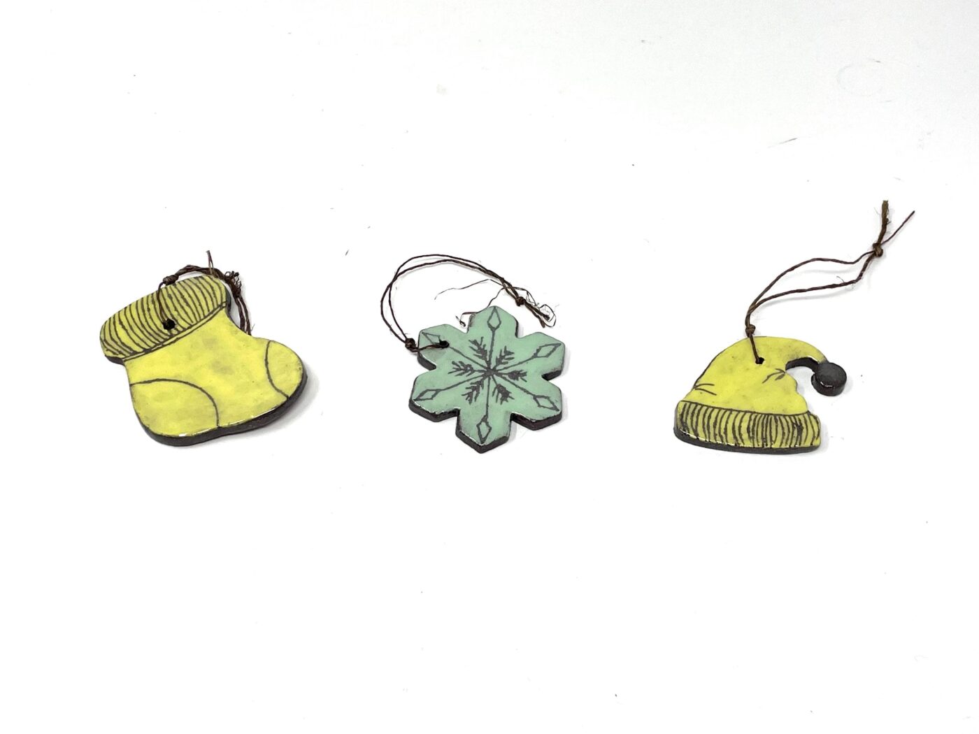 Handmade Rustic Terracotta Christmas Ornaments - Yellow Sock, Yellow Hat, Green Snowflake, Scratched Design Set (1 of 8) -- Fabode Ceramics