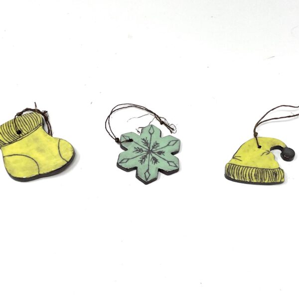 Handmade Rustic Terracotta Christmas Ornaments - Yellow Sock, Yellow Hat, Green Snowflake, Scratched Design Set (1 of 8) -- Fabode Ceramics