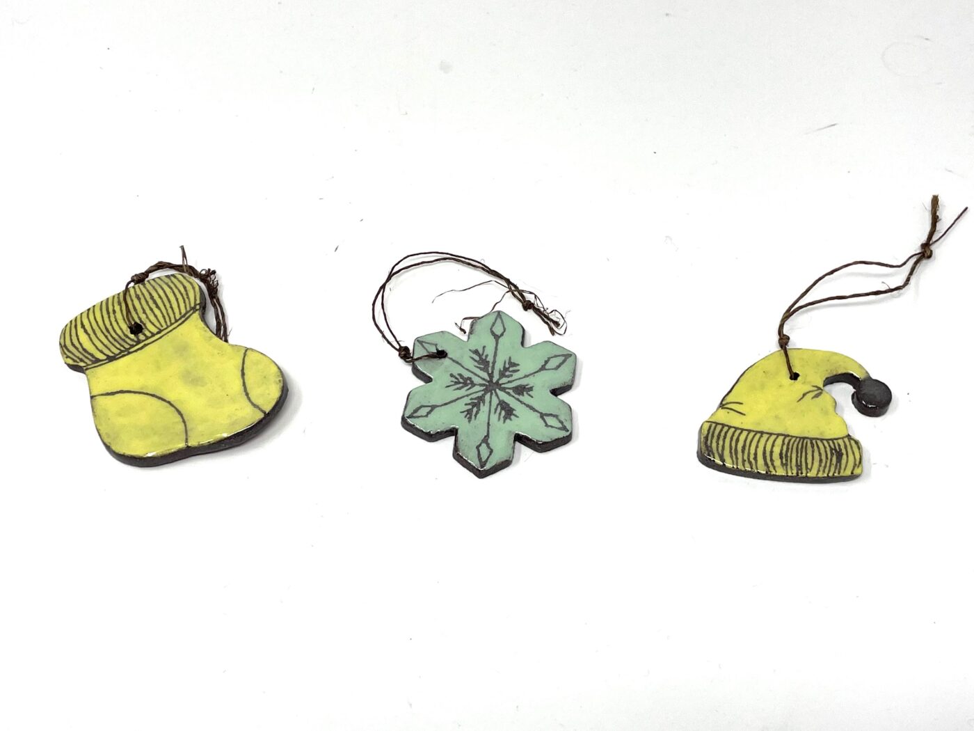 Handmade Rustic Terracotta Christmas Ornaments - Yellow Sock, Yellow Hat, Green Snowflake, Scratched Design Set (2 of 8) -- Fabode Ceramics