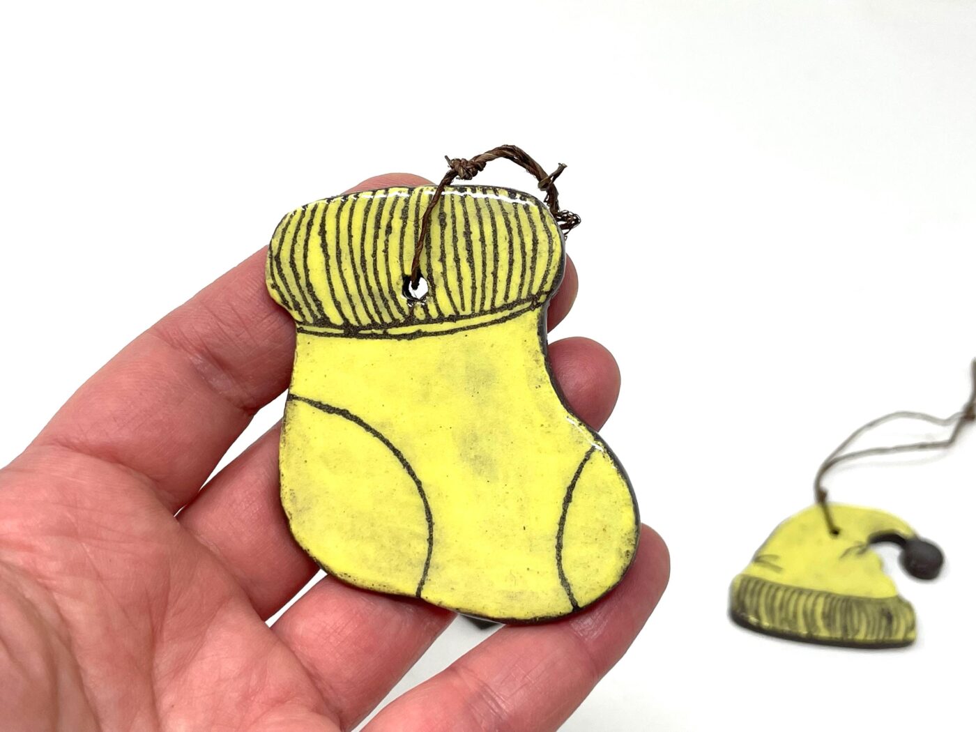 Handmade Rustic Terracotta Christmas Ornaments - Yellow Sock, Yellow Hat, Green Snowflake, Scratched Design Set (3 of 8) -- Fabode Ceramics
