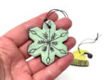 Handmade Rustic Terracotta Christmas Ornaments - Yellow Sock, Yellow Hat, Green Snowflake, Scratched Design Set (4 of 8) -- Fabode Ceramics