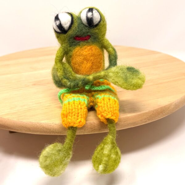 Needle Felted Frog Doll with Long Legs and Knitted Shorts | Whimsical Wool Sculpture (1 of 14) -- Fabode Ceramics