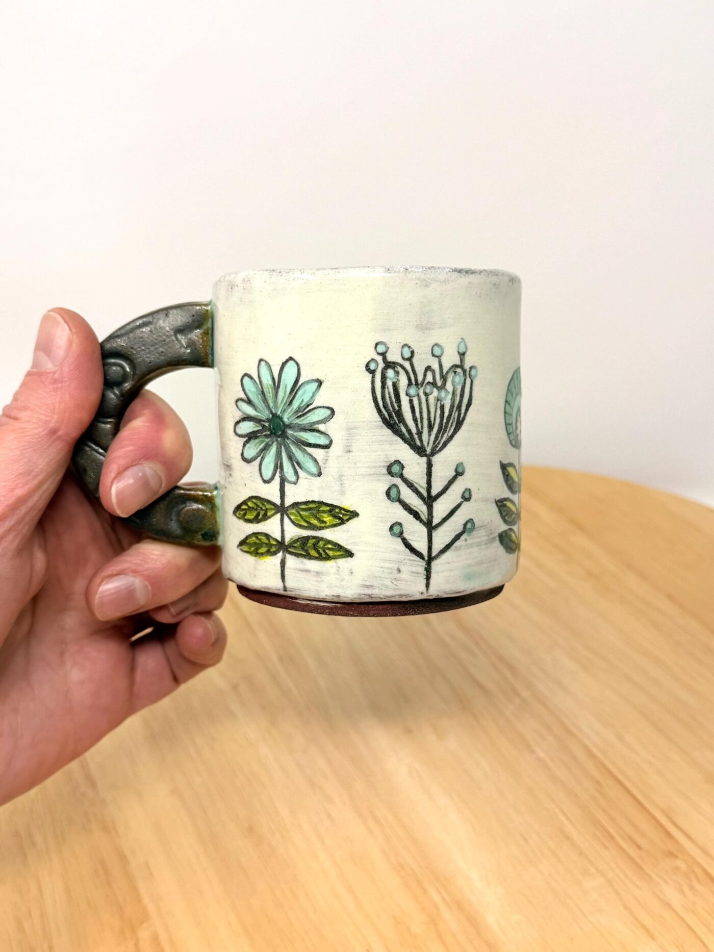 Handmade Ceramic Mug – Rustic Terracotta Stoneware with Folk Flower Sgraffito Design (1 of 16) -- Fabode Ceramics