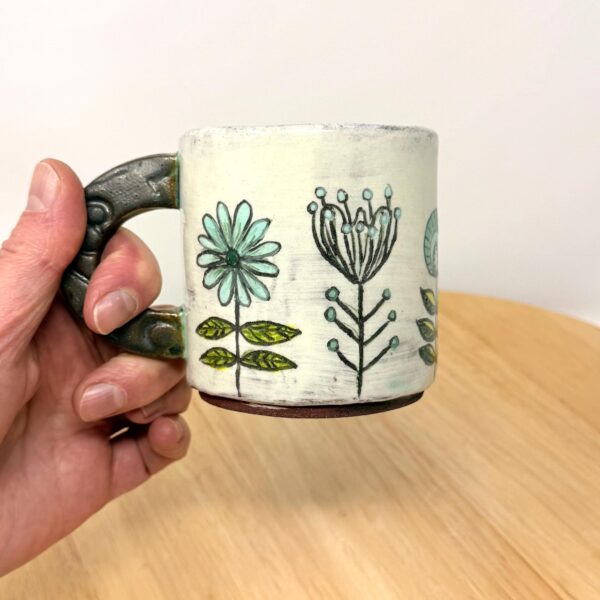 Handmade Ceramic Mug – Rustic Terracotta Stoneware with Folk Flower Sgraffito Design (1 of 16) -- Fabode Ceramics