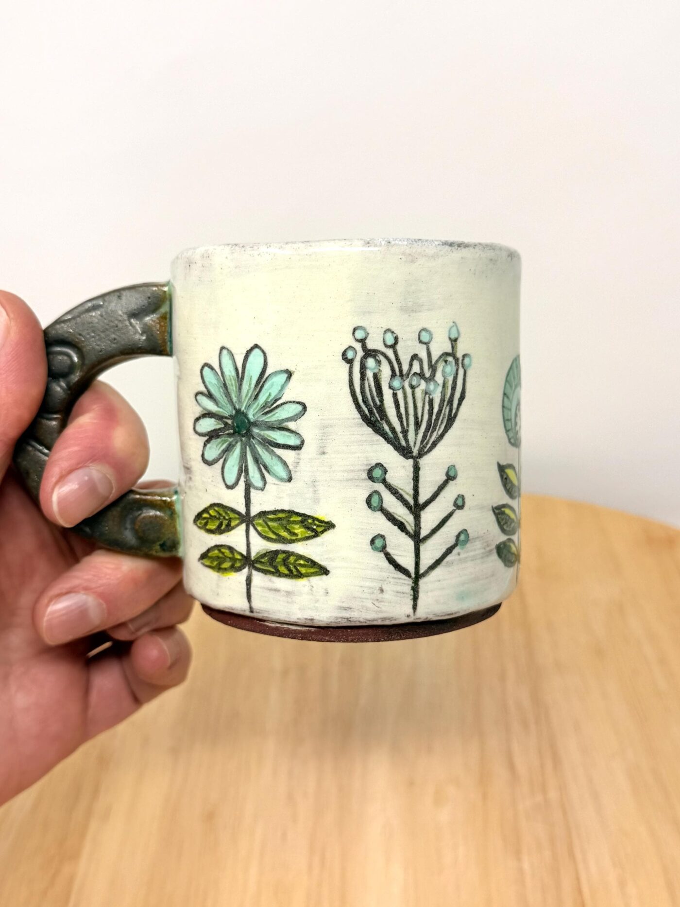 Handmade Ceramic Mug – Rustic Terracotta Stoneware with Folk Flower Sgraffito Design (2 of 16) -- Fabode Ceramics