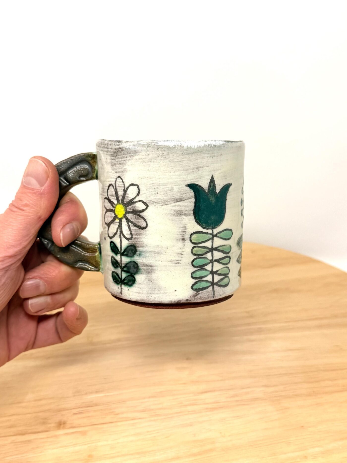 Handmade Ceramic Mug – Rustic Terracotta Stoneware, Sgraffito Folk Flower Design (1 of 16) -- Fabode Ceramics
