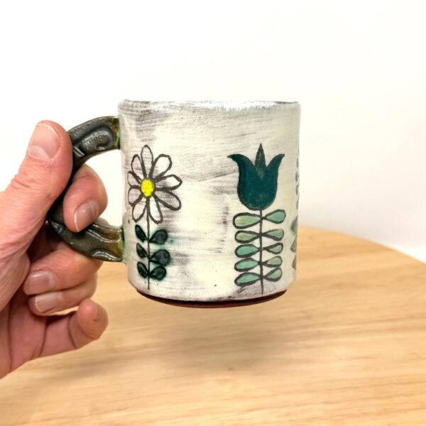 Handmade Ceramic Mug – Rustic Terracotta Stoneware, Sgraffito Folk Flower Design (1 of 16) -- Fabode Ceramics
