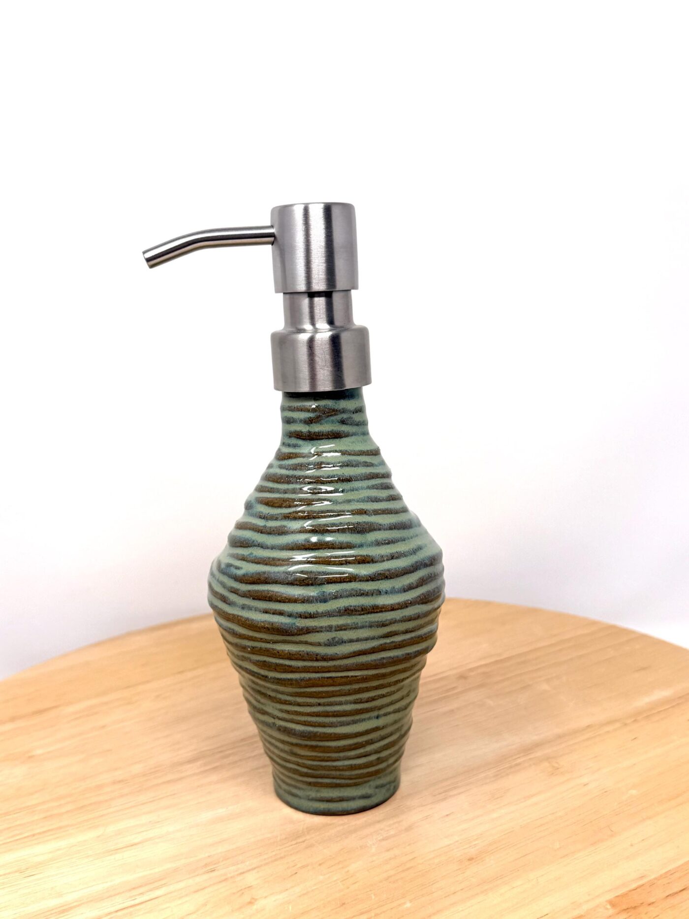 Handmade Turquoise Ceramic Soap Dispenser | Artisanal Coiled Clay | 250ml Capacity | Modern Stainless Steel Pump — top view
