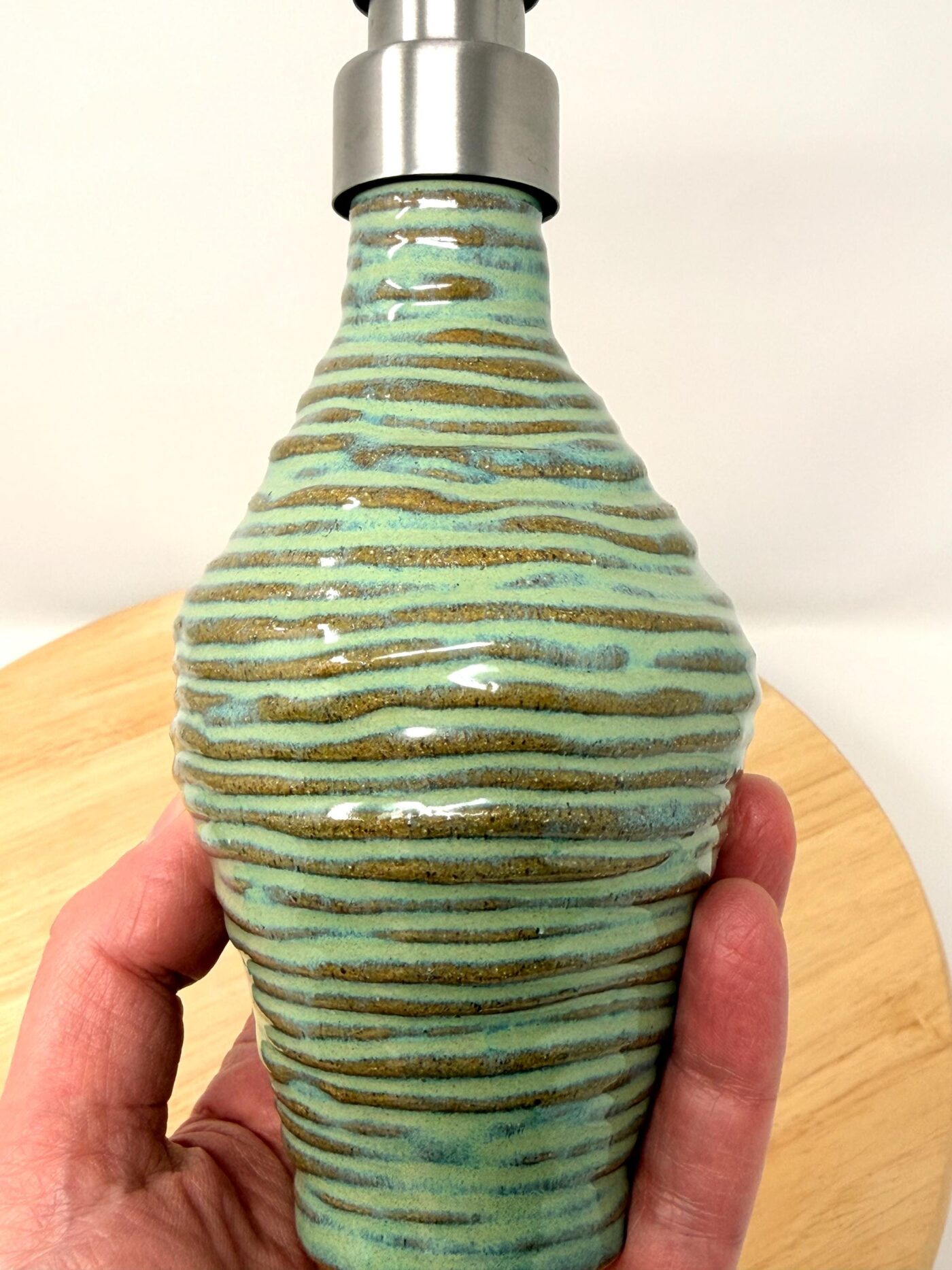 Handmade Turquoise Ceramic Soap Dispenser | Artisanal Coiled Clay | 250ml Capacity | Modern Stainless Steel Pump — side view