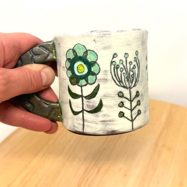 Handmade Ceramic Mug – Rustic Terracotta Stoneware, Sgraffito Folk Flower Design (1 of 14) -- Fabode Ceramics