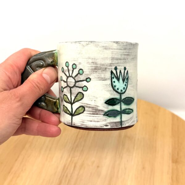 Handmade Ceramic Mug – Rustic Terracotta Stoneware, Sgraffito Folk Flower Design (1 of 18) -- Fabode Ceramics