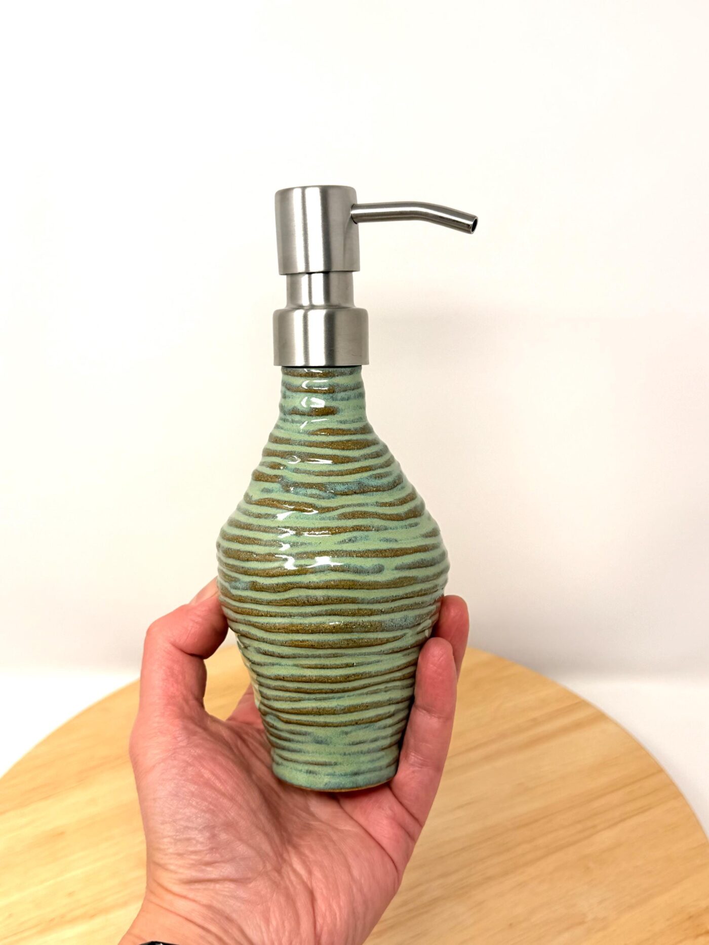 Handmade Turquoise Ceramic Soap Dispenser | Artisanal Coiled Clay | 250ml Capacity | Modern Stainless Steel Pump