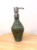 Handmade Turquoise Ceramic Soap Dispenser | Artisanal Coiled Clay | 250ml Capacity | Modern Stainless Steel Pump — scale view