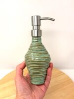 Handmade Turquoise Ceramic Soap Dispenser | Artisanal Coiled Clay | 250ml Capacity | Modern Stainless Steel Pump — detail view