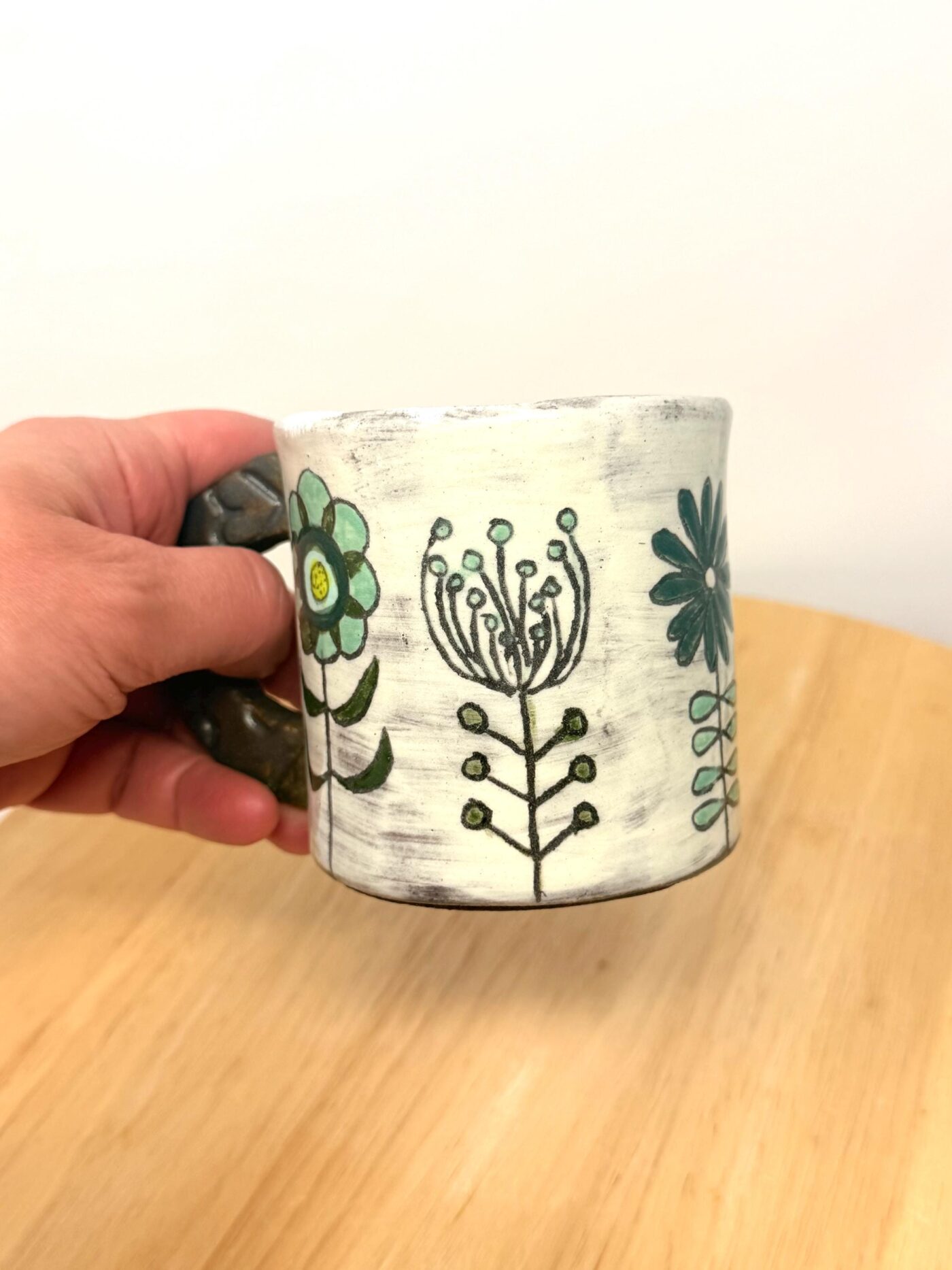 Handmade Ceramic Mug – Rustic Terracotta Stoneware, Sgraffito Folk Flower Design (3 of 14) -- Fabode Ceramics