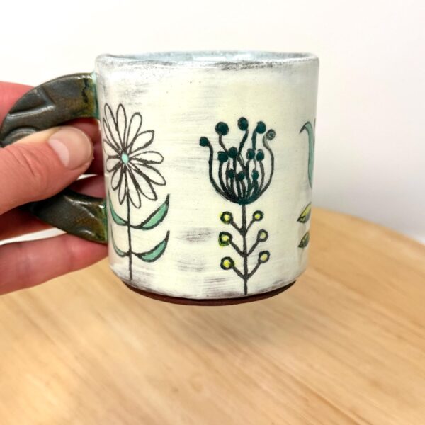 Handmade Ceramic Mug – Rustic Terracotta Stoneware, Sgraffito Folk Flower Design