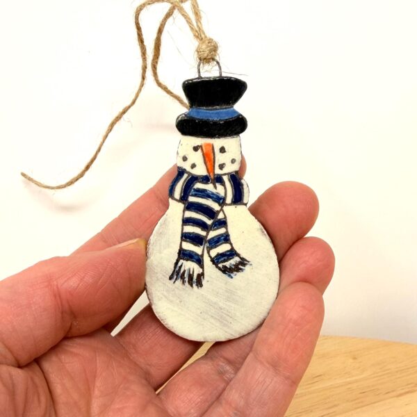 Handmade Ceramic Snowman Christmas Ornament – Rustic Folk Decoration in Blue