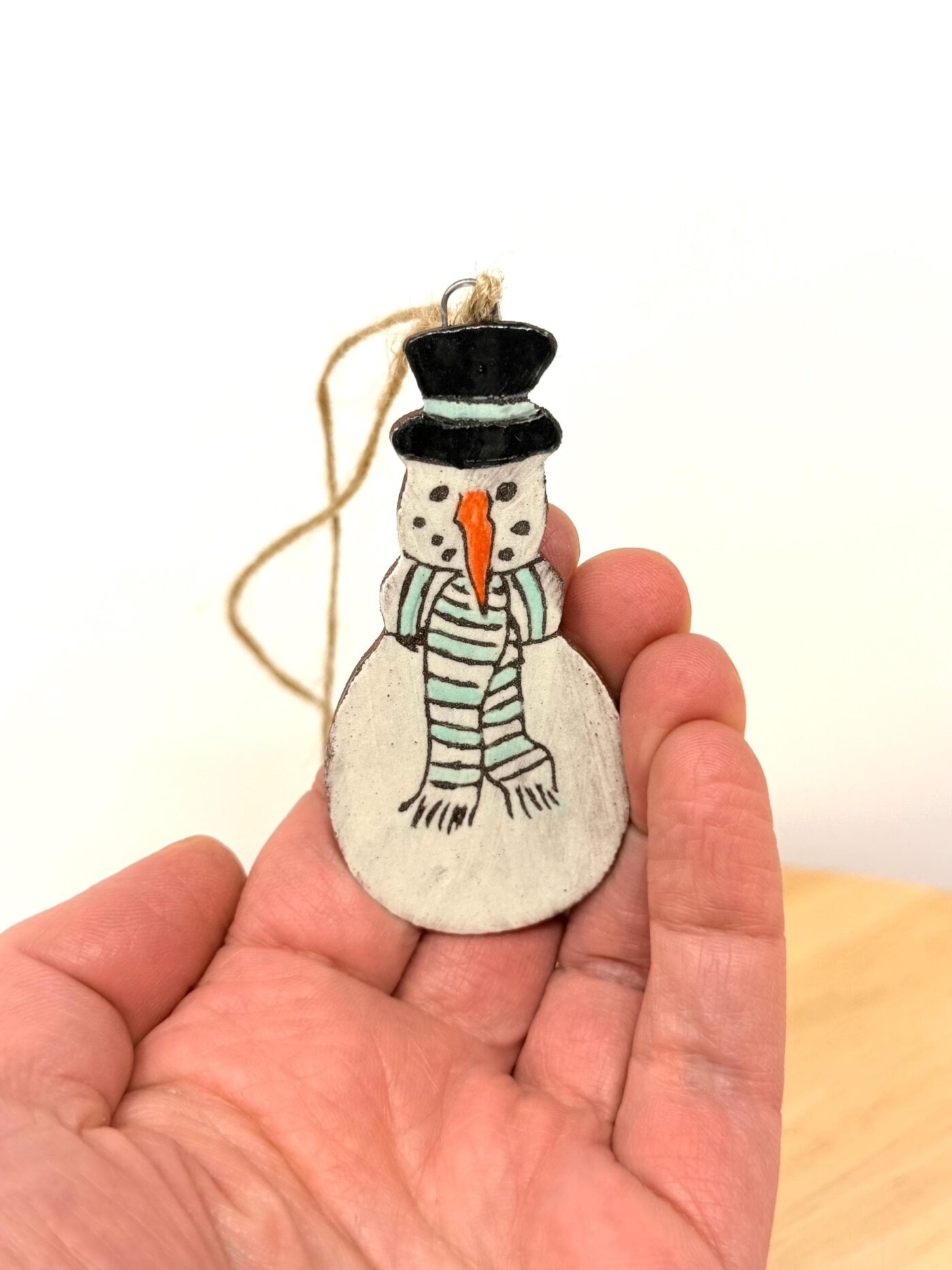 Handmade Ceramic Snowman Christmas Ornament – Rustic Scandinavian Folk Decoration in Soft light blue (9 of 11) -- Fabode Ceramics