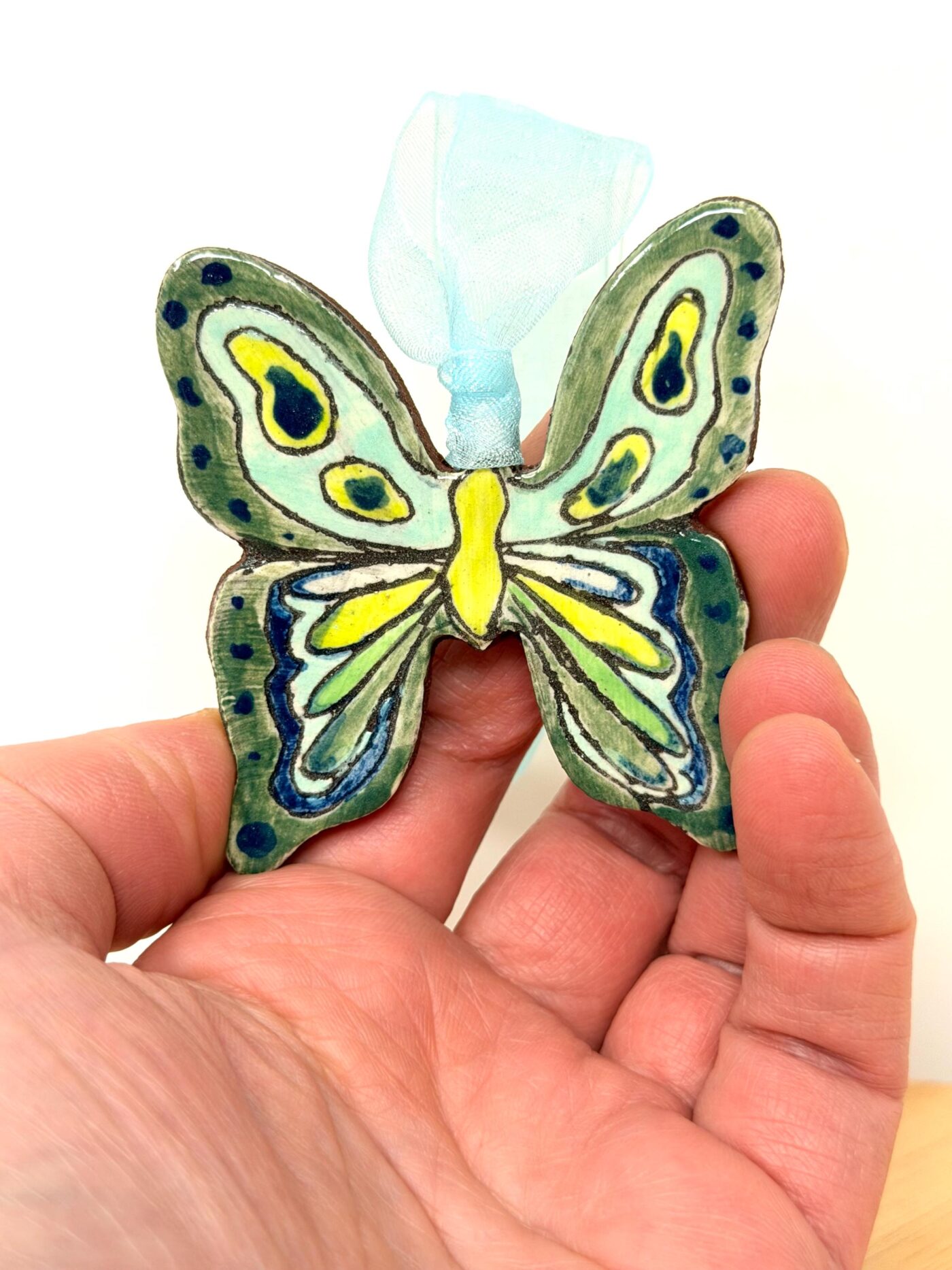 Handmade Ceramic Butterfly Ornament – Green & Yellow Folk Art Wall Hanging – Rustic Terracotta Decoration (2 of 11) -- Fabode Ceramics