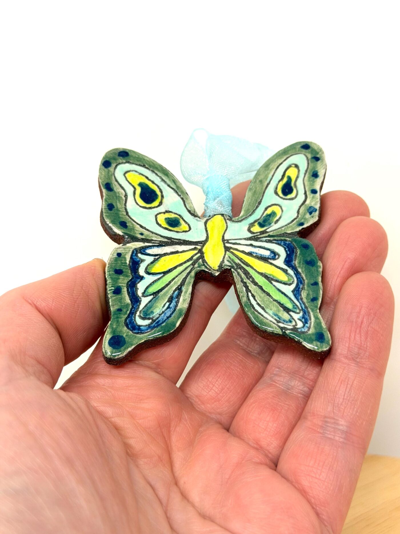 Handmade Ceramic Butterfly Ornament – Green & Yellow Folk Art Wall Hanging – Rustic Terracotta Decoration (3 of 11) -- Fabode Ceramics