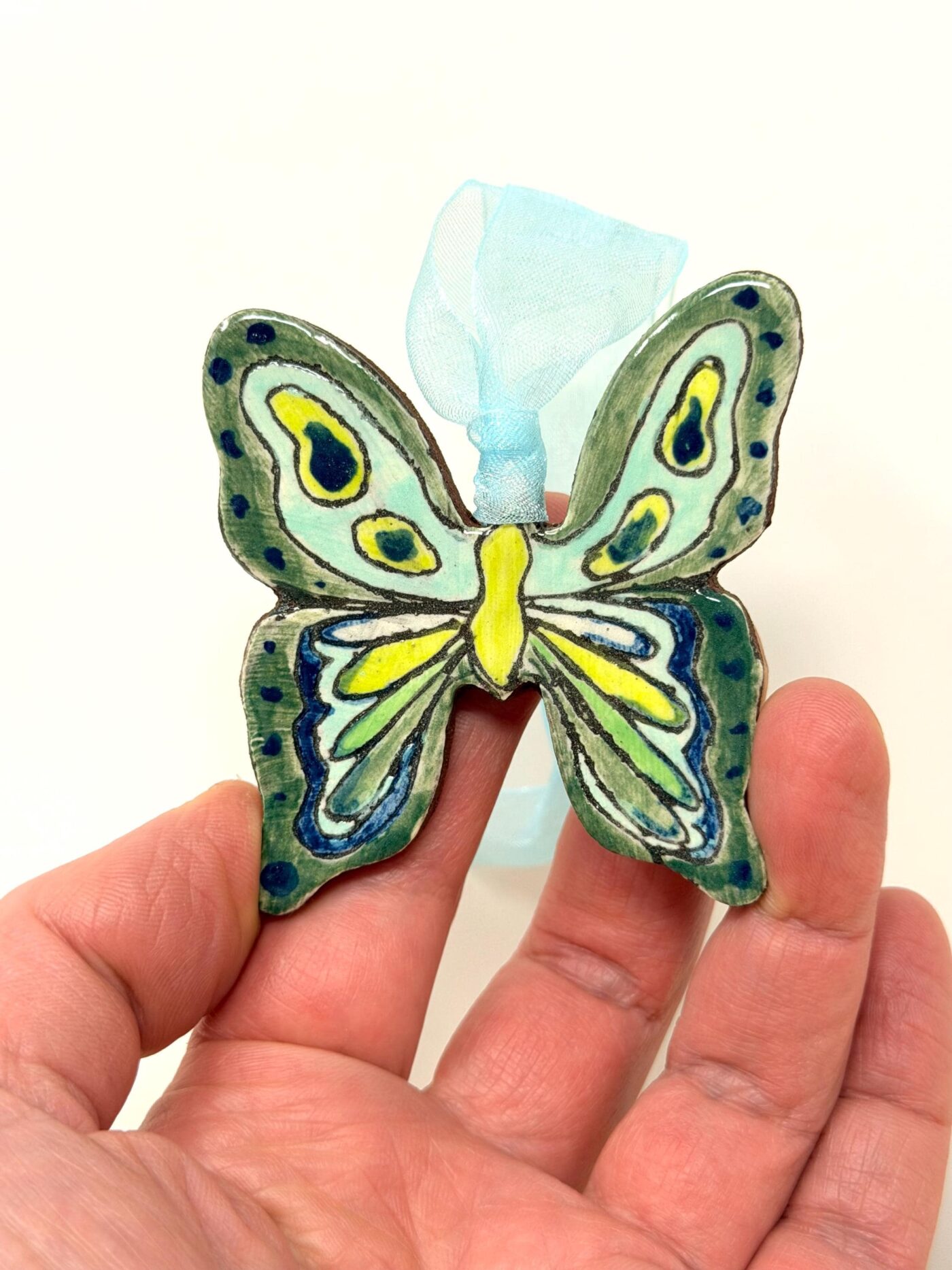 Handmade Ceramic Butterfly Ornament – Green & Yellow Folk Art Wall Hanging – Rustic Terracotta Decoration (1 of 11) -- Fabode Ceramics