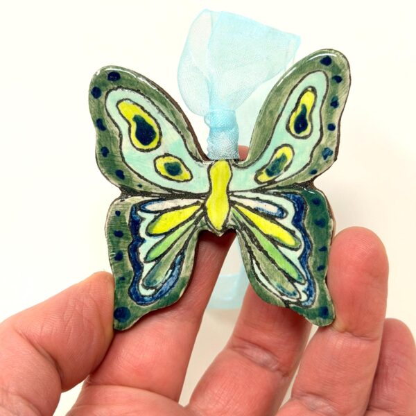 Handmade Ceramic Butterfly Ornament – Green & Yellow Folk Art Wall Hanging – Rustic Terracotta Decoration (1 of 11) -- Fabode Ceramics