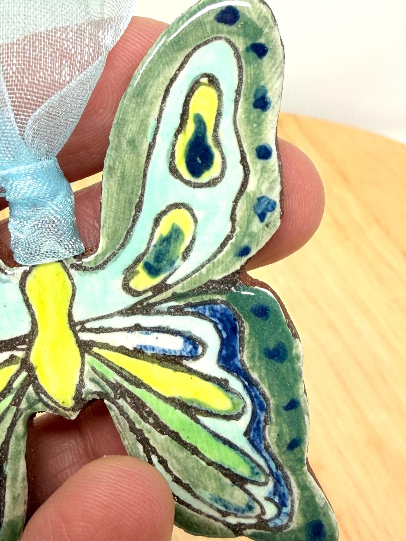 Handmade Ceramic Butterfly Ornament – Green & Yellow Folk Art Wall Hanging – Rustic Terracotta Decoration (11 of 11) -- Fabode Ceramics