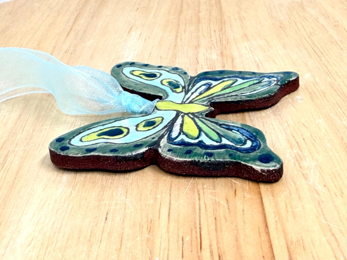 Handmade Ceramic Butterfly Ornament – Green & Yellow Folk Art Wall Hanging – Rustic Terracotta Decoration (9 of 11) -- Fabode Ceramics