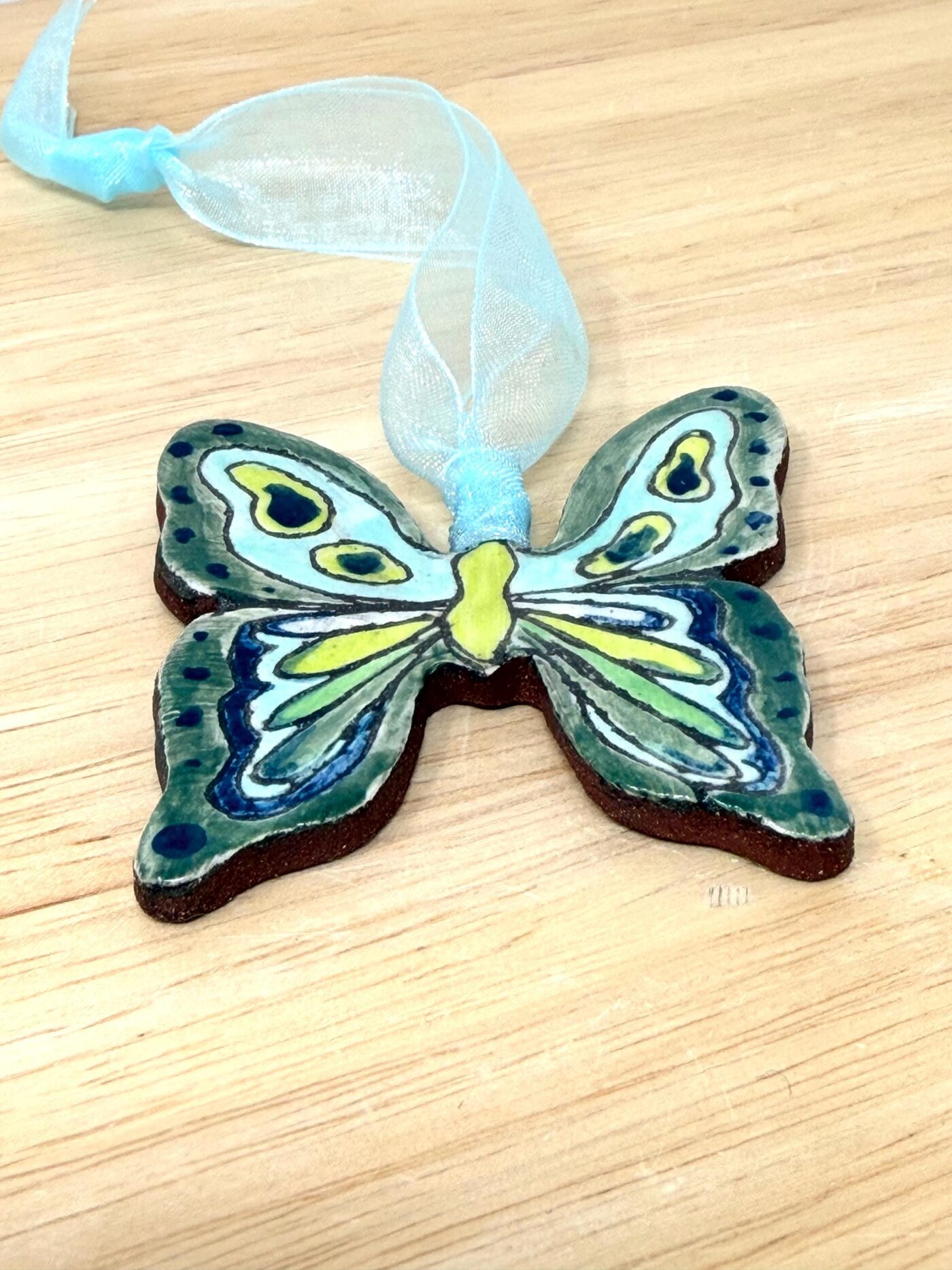 Handmade Ceramic Butterfly Ornament – Green & Yellow Folk Art Wall Hanging – Rustic Terracotta Decoration (7 of 11) -- Fabode Ceramics